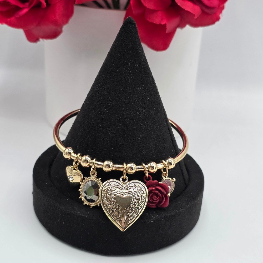 Guess Gold Tone Heart Locket Rose Charm Bangle Bracelet Adjustable Logo Tag